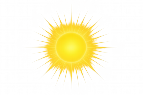 Yellow bright sun icon generating light rays and warm energy, featuring a summer weather symbol on transparent background