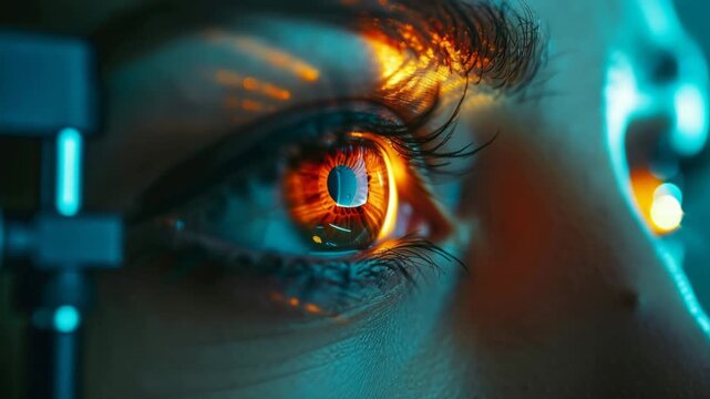 Eye examination showing detail of iris and pupil during a routine checkup in a bright clinic setting