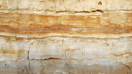A sedimentary rock formation shows distinct layers of earth tones created by geological stratification process.