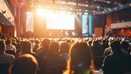 Audience at a brightly lit conference sits facing a stage in a large auditorium