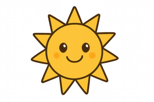 Yellow cartoon smiling sun with cute happy face and sunshine rays, transparent background for summer weather - Powered by Adobe
