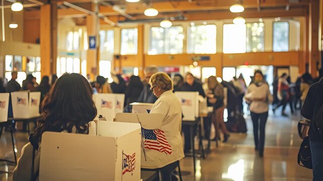 Voters fill a large hall, casting ballots in voting booths with American flags