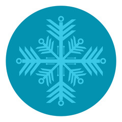 A symmetrical, modern vector icon featuring a complex, stylized geometric snowflake in a lighter shade of turquoise centered within a solid, darker turquoise circle. Represents winter, cold, or techno