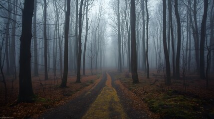 Fototapeta premium Misty autumn forest path covered with fallen leaves leading into dense fog among tall bare trees, creating a mysterious atmospheric landscape that evokes solitude, tranquility, and the beauty of natur