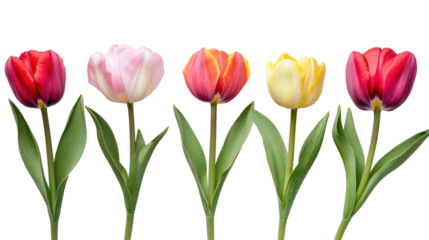 Five colorful tulips in a row isolated on transparent background