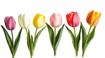 Five colorful tulips arranged in a row isolated on transparent background