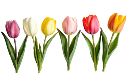 Five colorful tulips arranged in a row isolated on transparent background