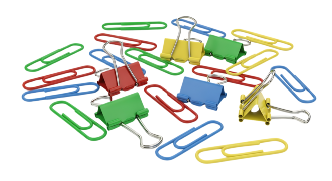 Colorful binder clips and paper clips for office or school organization
