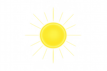 Yellow sun icon with glowing rays showing weather, summer, light, nature, and energy on transparent background