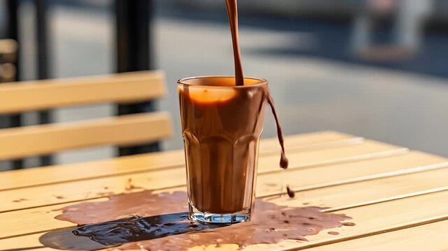 Chocolate is poured into glass, overflowing onto a wooden table in bright sunlight