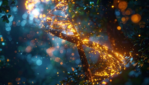 Illuminated strands of DNA, intricately detailed, are depicted in a vibrant, glowing style amidst a blurred background of blue and green bokeh, conveying scientific and abstract concepts.