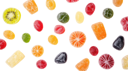Assortment of colorful fruit jelly candies isolated on transparent background