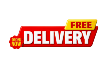 Bold red and yellow sign with the words free delivery and order now isolated on transparent background