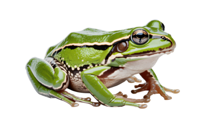 Vibrant green tree frog with striking markings sits poised