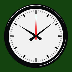 Illustration of a basic, simple round white wall clock with a thick black rim, easy-to-read numbers, and striking red second hand against a green background