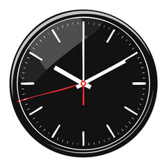 Illustration of a sleek, modern black wall clock with a shiny glass surface, silver hour markings, and crisp white minute and hour hands for time telling