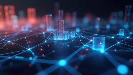 Abstract digital landscape displays interconnected lines and translucent shapes illuminated in blue and orange hues, representing network structures and data visualization.