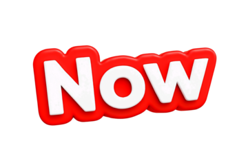 Bold white text spelling the word now with a red outline and shadow isolated on transparent background