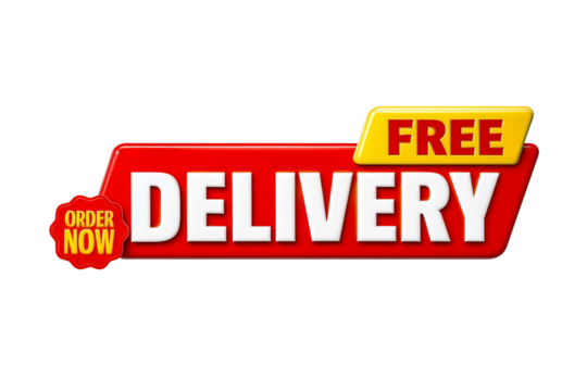 Bold red and yellow sign with the words free delivery and order now isolated on transparent background - Powered by Adobe