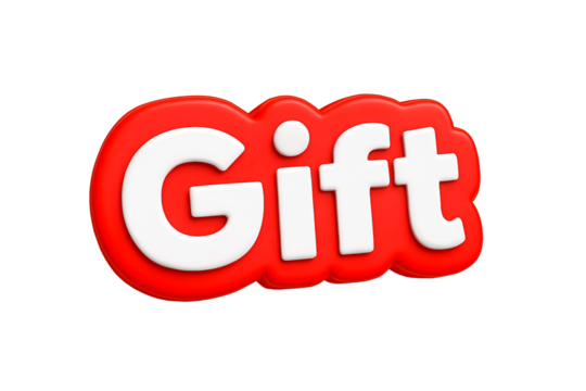 Bright red and white puffy text spelling the word gift isolated on transparent background