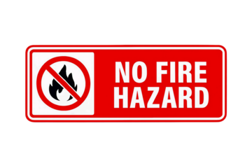 Rectangular red and white sign with text no fire hazard and a fire symbol with a prohibition circle isolated on transparent background