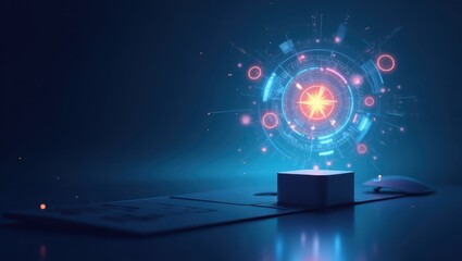 Illuminated geometric shapes with glowing lines and circular elements float above a small box on a reflective surface, creating a futuristic and abstract composition in cool tones and soft lighting.