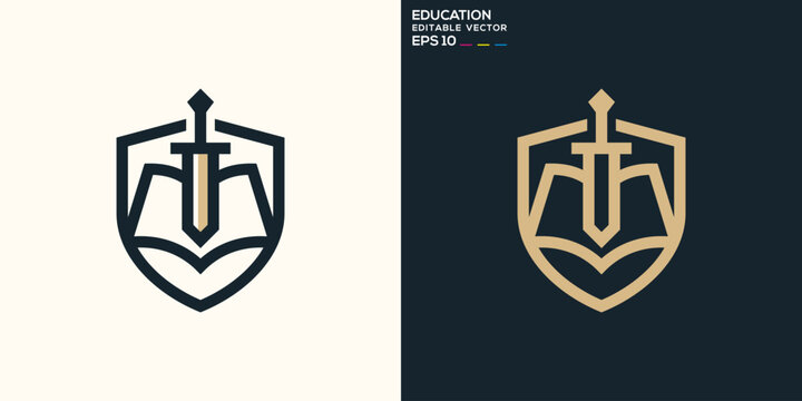 Defense logo. Sword, shield, book, education. Vector design template.