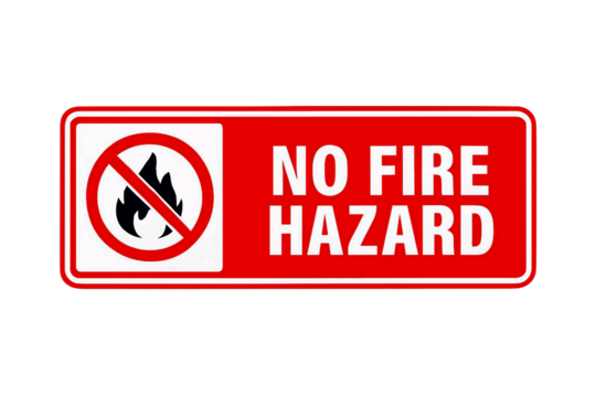Rectangular red and white sign with text no fire hazard and a fire symbol with a prohibition circle isolated on transparent background