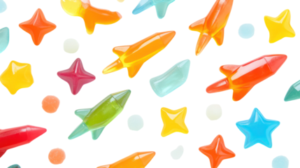 Flat lay of multicolored gummy candy rockets and stars isolated