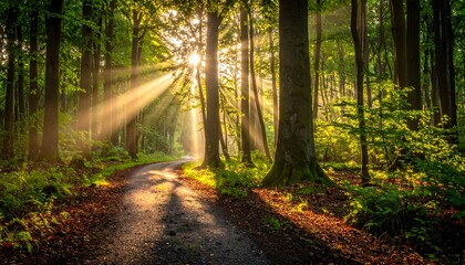Sunlight streams through a misty forest path