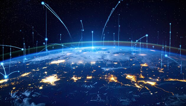 Digital representation of the globe showcasing interconnected networks of data streams, depicted as glowing lines ascending into a vast, dark cosmos, symbolizing global communication and...