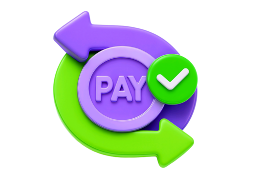 3d rendering of a payment icon with circular arrows and a green checkmark isolated on transparent background