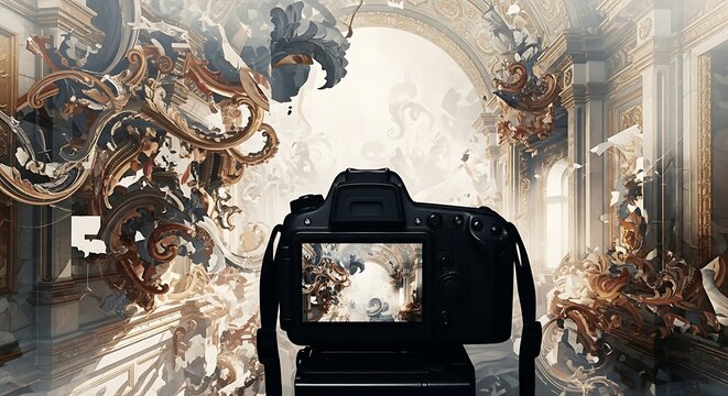 Fototapeta A black and white photo captures a vintage old fashioned lamp on a metal wall next to a woman in the city with an antique camera