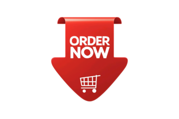 Red arrow shaped tag with the words order now and a shopping cart icon isolated on transparent background