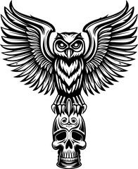 Obraz premium SVG skull with lantern, forgotten Halloween theme. Black and White Owl Illustration with Skull and Wings Design