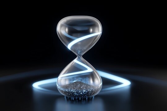 3D render of time concept: glowing hourglass made of flowing data particles and neon light trails