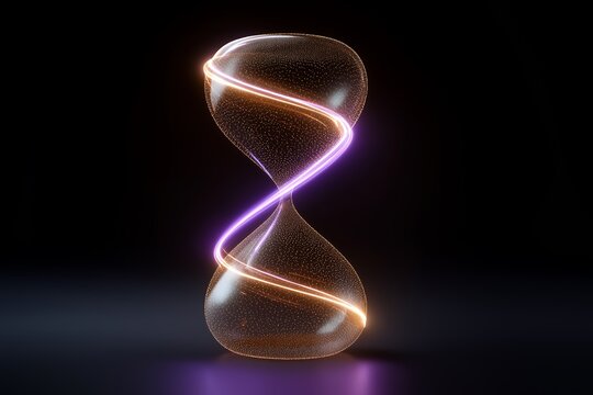 3D render of time concept: glowing hourglass made of flowing data particles and neon light trails