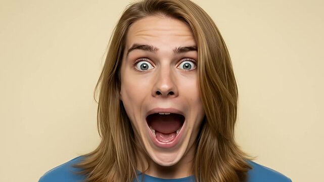 Young individual with long brown hair expressing shock with wide eyes and open mouth