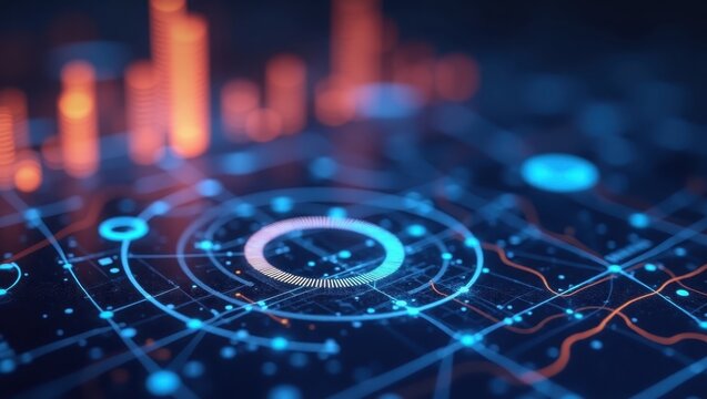 Digital abstract illustration showcasing a glowing circuit board design, with interconnecting lines and nodes, emitting an energetic blue light against an out-of-focus orange gradient background.