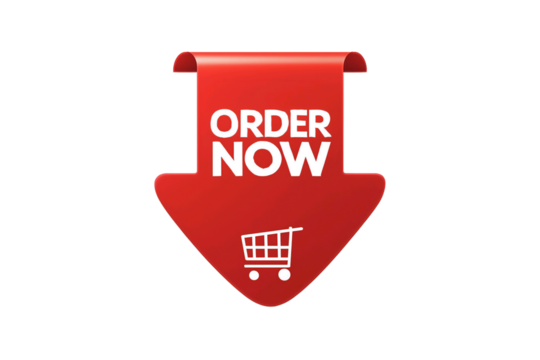 Red arrow shaped tag with the words order now and a shopping cart icon isolated on transparent background