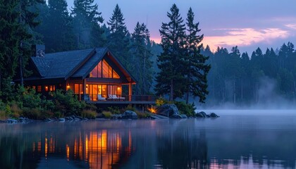 Fototapeta premium Wooden cabin illuminated with warm interior light, nestled serenely beside a tranquil lake reflecting the soft hues of dawn, embraced by the towering evergreen forest and morning mist.