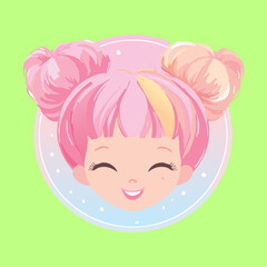 Adorable kawaii character with a bright pink double bun or space buns Hairstyle, a sweet and happy portrait