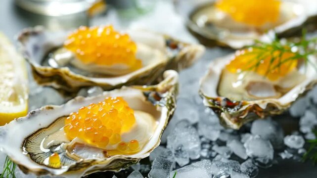 Fresh oysters served on ice with fish roe and lemon wedges at a seafood platter feast
