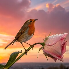 A robin drinking droplets from a rose petal, glowing sunset sky behind.