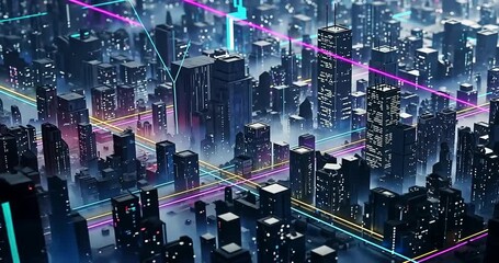 A vibrant futuristic city skyline at night, illuminated by neon lights and digital patterns - Powered by Adobe