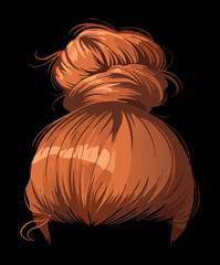 Realistic texture of a voluminous reddish-brown messy bun with highlights and loose pieces
