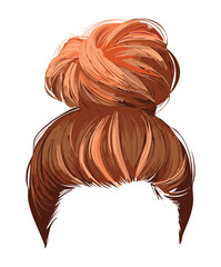 Messy ginger-brown high bun hairstyle with loose strands and realistic