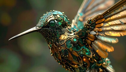 Obraz premium Intricate and ornamental bird illustration showcases detailed metalwork, featuring a hummingbird adorned with golden and emerald accents, its beak pointing forward against a blurry natural...