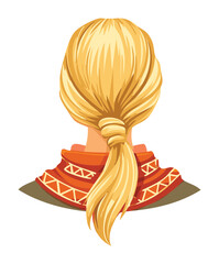 Illustration of a woman's light brown hair pulled back into a simple ponytail with a braid element, in a classic style