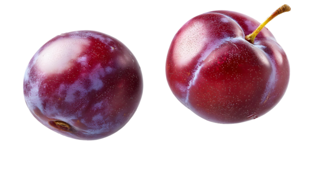 The plump purple plum appears weightless and pure, isolated on white